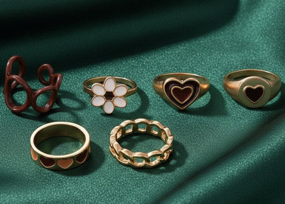 Amroze Heritage - Flower & Heart 6 Midi Rings Set –