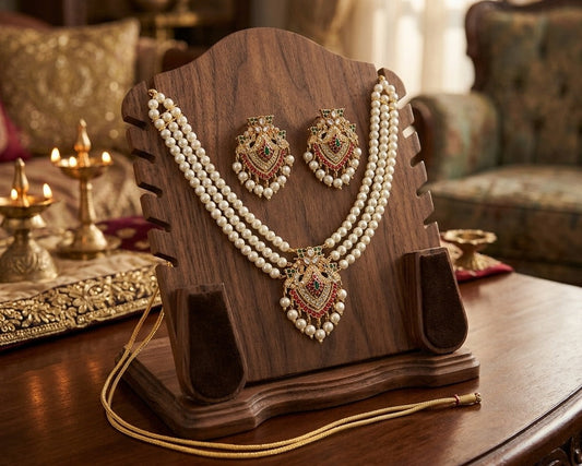 Jewelry set with necklace and earrings on a wooden stand in a decorative setting.