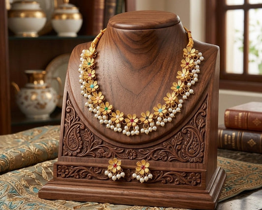 Decorative necklace and earrings on a wooden stand with a bookshelf in the background