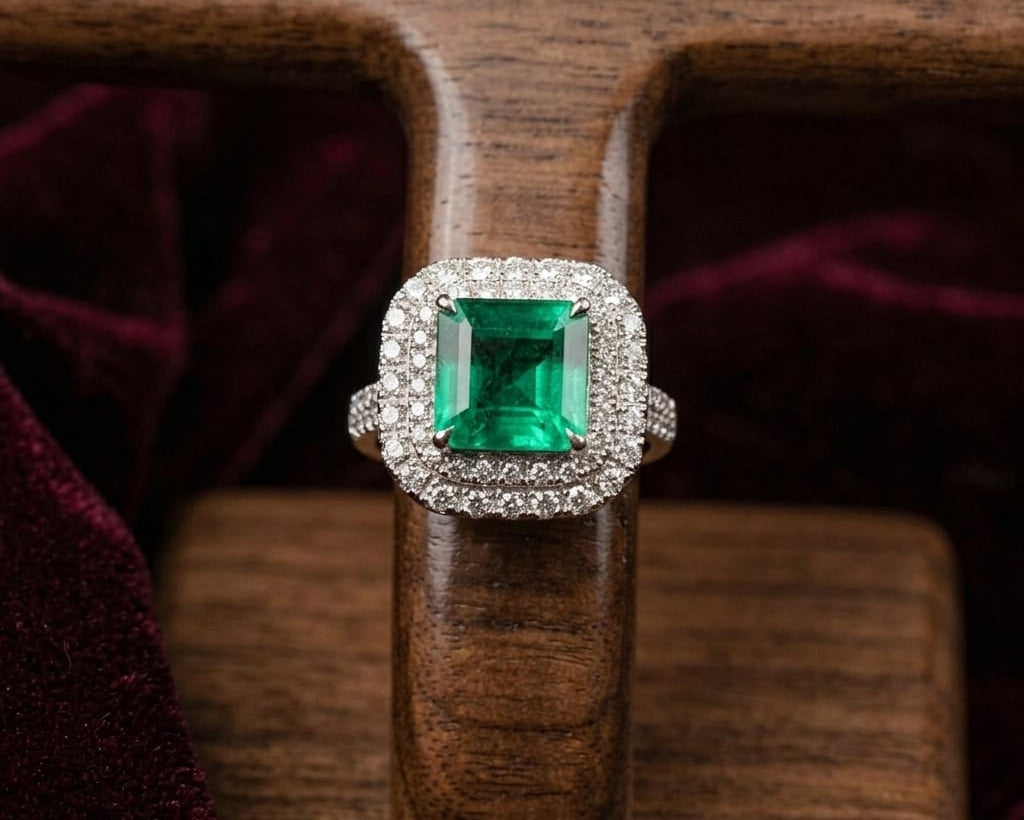 Ring with a green gemstone and diamond accents on a wooden surface