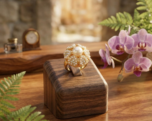 Gold ring with pearls on a wooden stand, surrounded by flowers and decor.