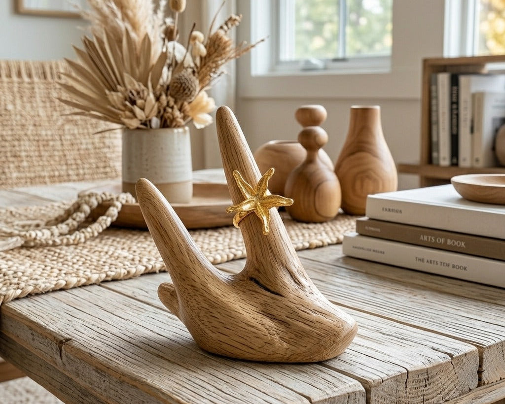 Decorative wooden sculpture with a starfish on a wooden table in a home setting.