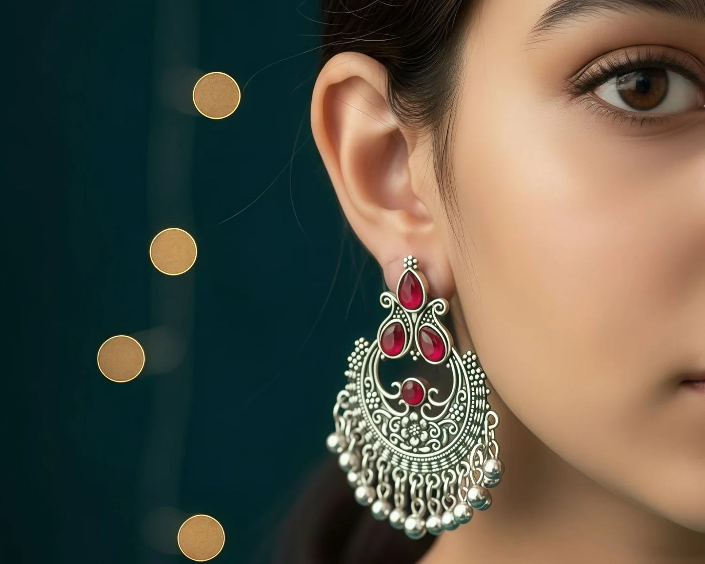 Close-up of a woman wearing a silver and red earring with a dark background