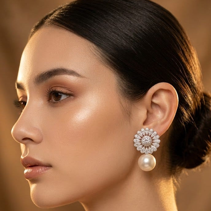 A close-up side profile of a woman with dark hair in a low bun, wearing a floral cluster earring with a dangling pearl drop. The earring features a halo of clear stones around a white pearl, set against a warm, softly lit brown background.