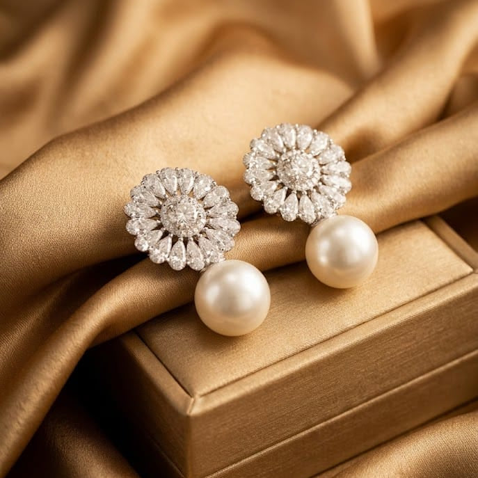 A pair of pearl and diamond stud earrings displayed on a gold jewelry box against a draped gold satin fabric background.
