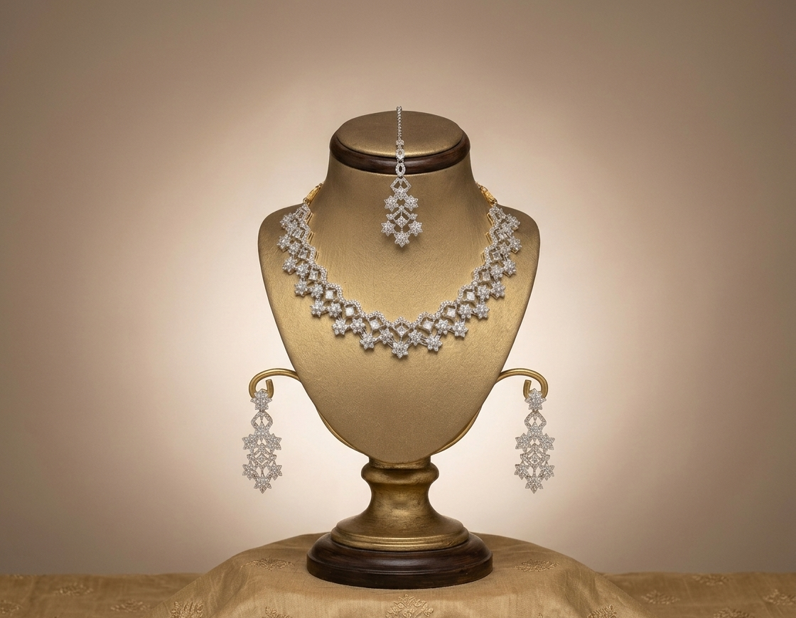 Diamond necklace and earrings on a gold bust with a beige background