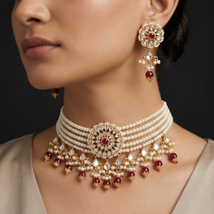 A close-up of a model wearing an ornate Indian-style jewelry set featuring a multi-strand pearl choker necklace with gold-toned detailing and red gemstone accents, along with matching drop earrings.