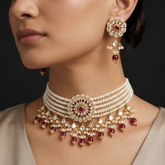 A close-up of a model wearing an ornate Indian-style jewelry set featuring a multi-strand pearl choker necklace with gold-toned detailing and red gemstone accents, along with matching drop earrings.