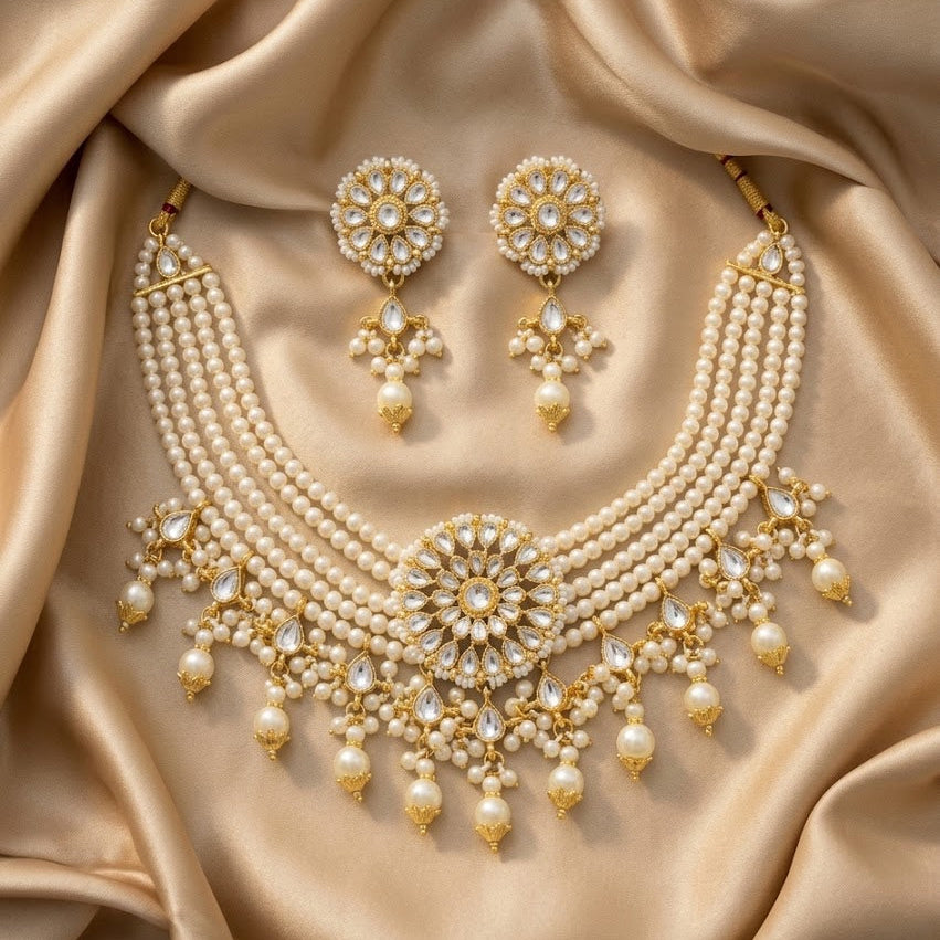 An ornate Indian-style bridal jewelry set featuring a multi-strand pearl necklace and matching drop earrings, embellished with gold-toned metal and clear rhinestones, displayed on draped champagne satin fabric.