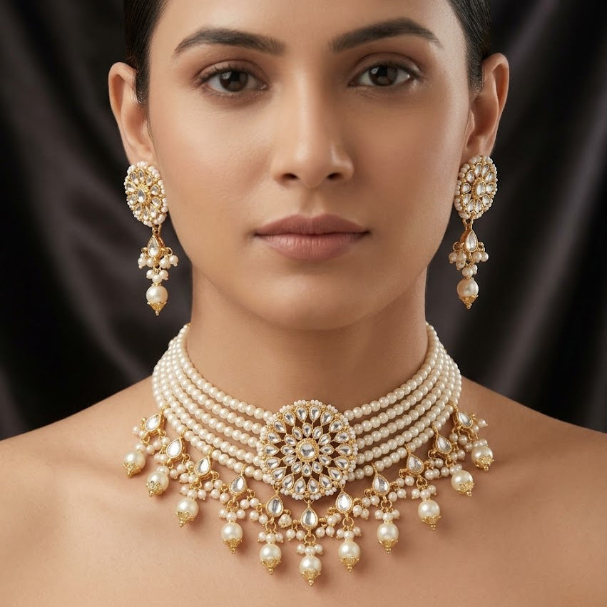 A woman wearing an ornate gold and pearl choker necklace with matching drop earrings, shown against a dark draped satin background.