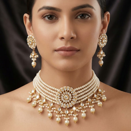 A woman wearing an ornate gold and pearl choker necklace with matching drop earrings, shown against a dark draped satin background.