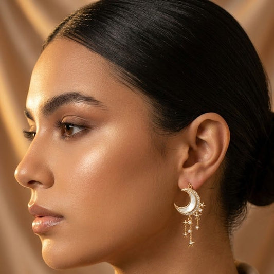 A close-up side profile of a woman wearing a gold crescent moon dangle earring with small hanging charms, paired with a beige collared shirt against a warm beige background.