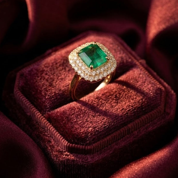 A gold ring with a square-cut green emerald gemstone and a halo of small clear stones, displayed on a plush burgundy velvet ring box set against draped burgundy fabric.