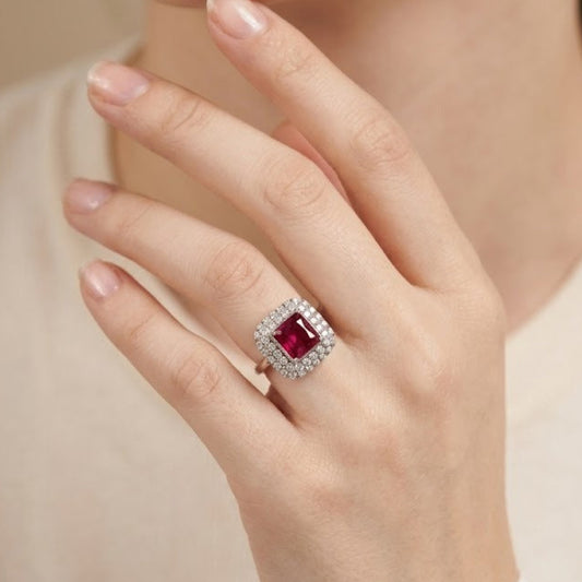 A close-up lifestyle shot of a model's hand wearing a ring with a rectangular red gemstone surrounded by a halo of small clear stones.