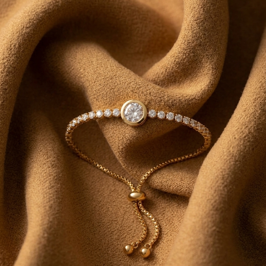 A gold-tone adjustable bracelet with a row of clear stones and a central round stone, displayed on draped tan fabric.