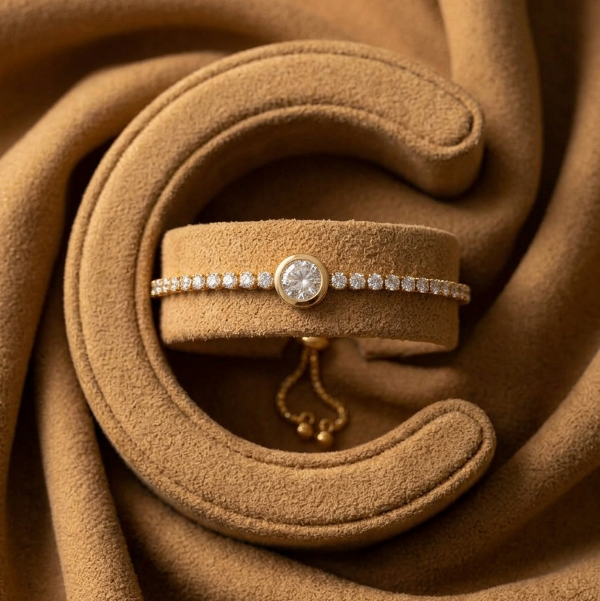 A delicate gold bracelet with a row of clear stones and a central round stone, displayed on a matching tan velvet jewelry stand against a draped tan fabric background.