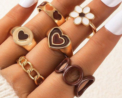 Amroze Heritage - Flower & Heart 6 Midi Rings Set –