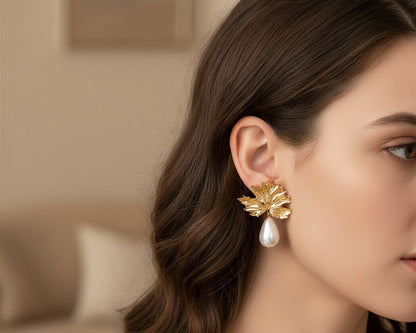 Amroze Heritage - Leaf Pearl Drop Earrings Pair –