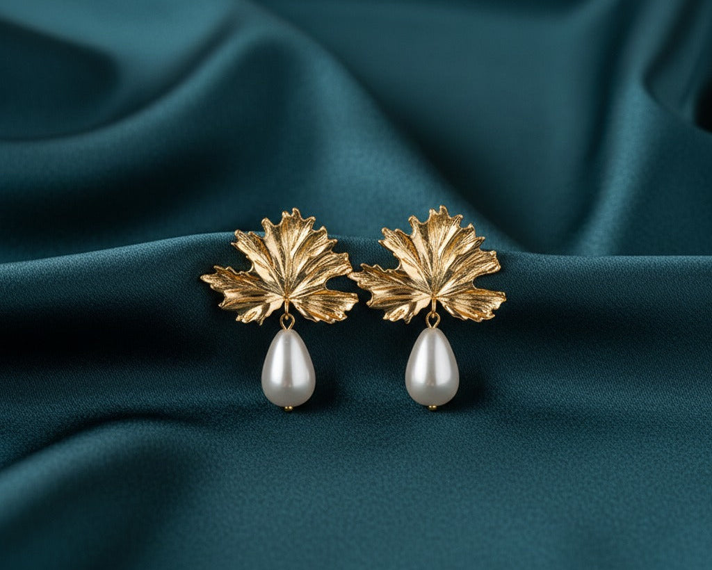 Amroze Heritage - Leaf Pearl Drop Earrings Pair –