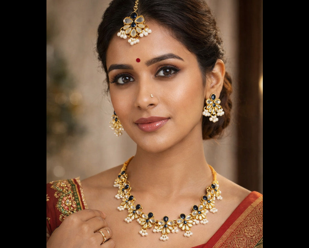 Woman wearing traditional jewelry and a red saree with gold details.