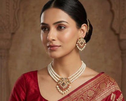 Woman wearing traditional jewelry and a red saree with gold patterns against an ornate wall.