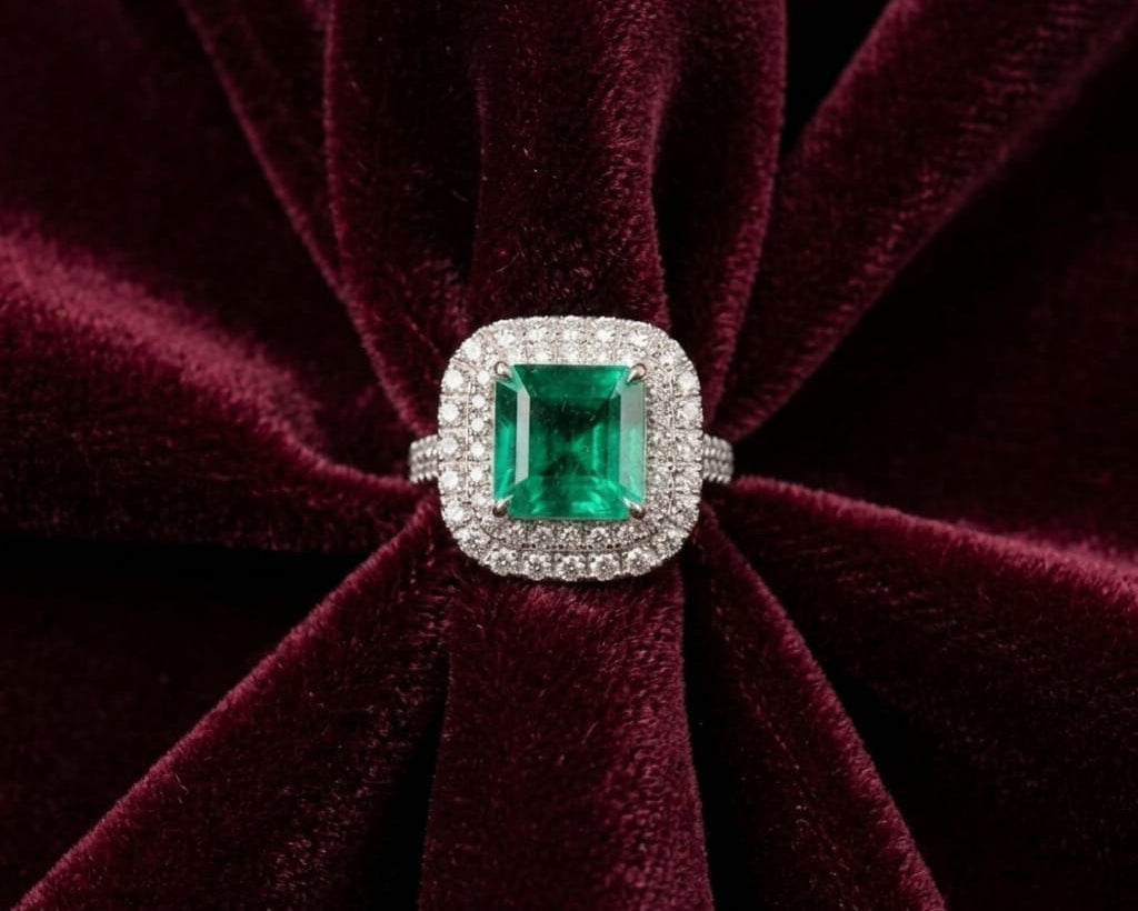 Emerald ring with diamond accents on a burgundy velvet background