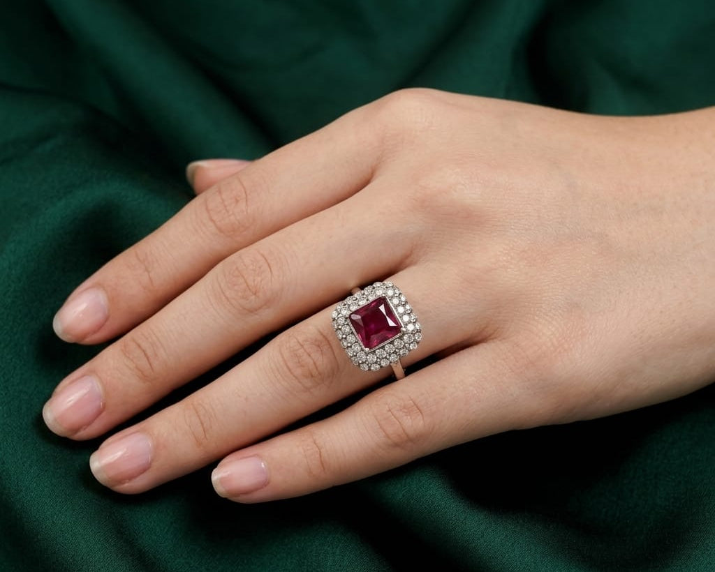 Hand wearing a ring with a red gemstone on a green fabric background