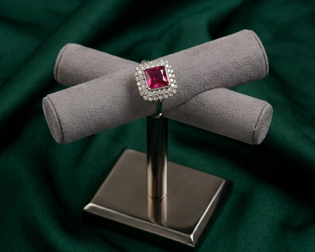 Jewelry display stand with a ring featuring a red gemstone on a green fabric background