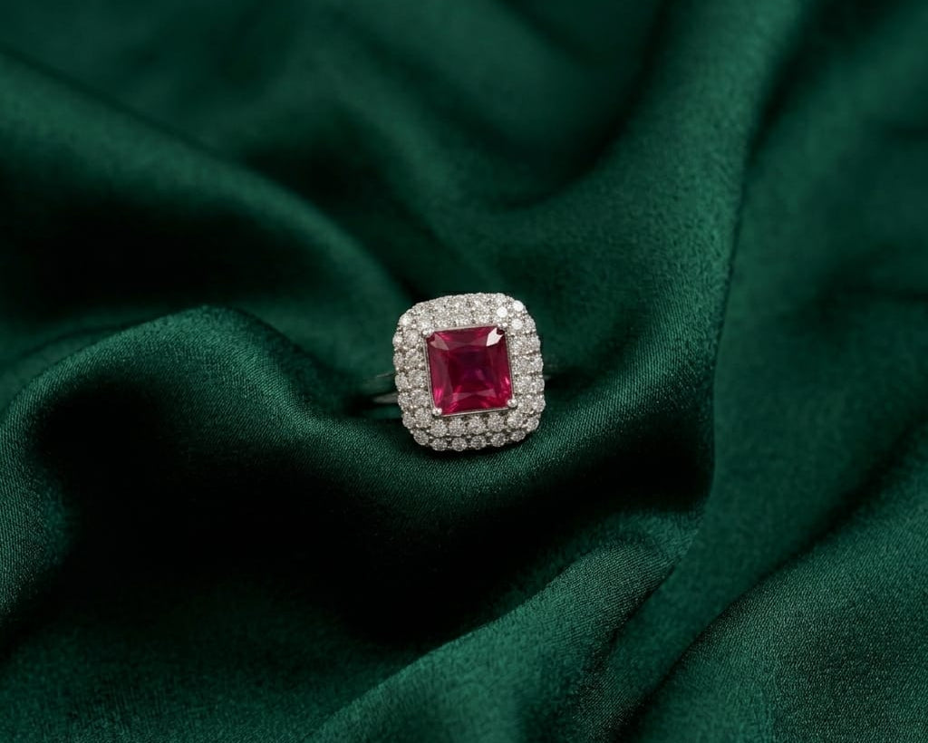 Ring with a red gemstone and diamond accents on a green fabric background