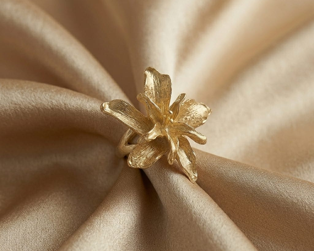 Gold flower-shaped ring on beige fabric