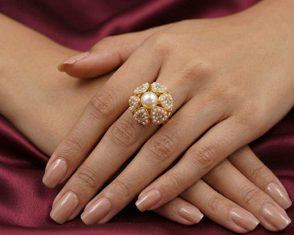 Amroze Heritage - Floral Pearl Gold-Plated Ring - RG-EM-0012