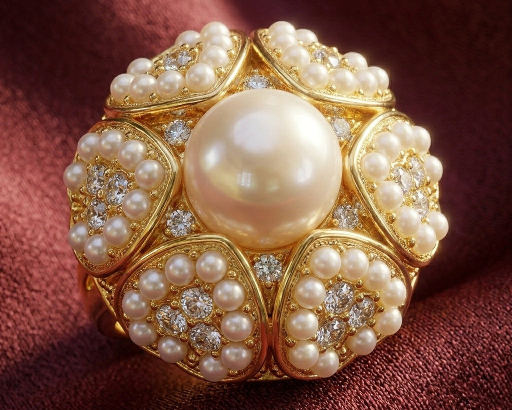 Gold brooch with pearls and diamonds on a red fabric background