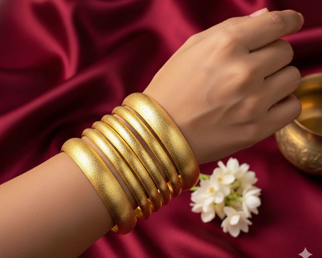 Gold bangles on a hand with a white flower on a red fabric background