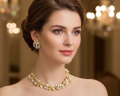 Woman wearing a gold necklace and earrings in a softly blurred indoor setting